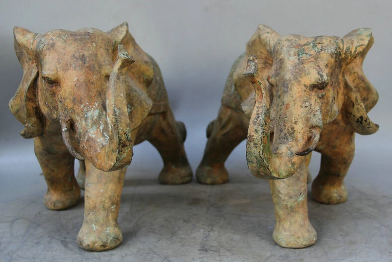 

S1690 15" Old Chinese Bronze Folk animal Auspicious elephant Statue sculpture Pair D0318
