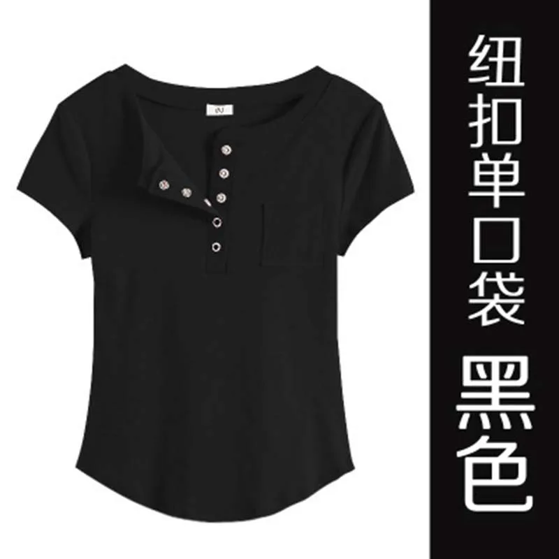 Женская футболка, летняя футболка, Корейская пуговица, сексуальный v-образный вырез, футболка для женщин, обтягивающая с короткими рукавами, одноцветная, базовая, хлопок, женские Топы s