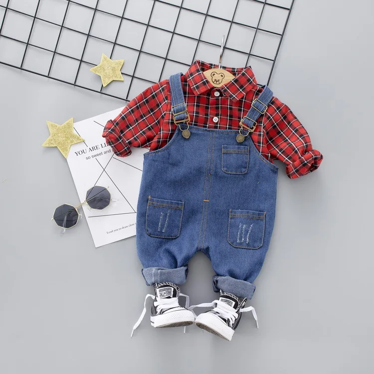 

2019 Spring Baby Girls Boys Clothing Sets Toddler Infant Clothes Suits Lapel Plaid Shirt Strap Jeans Set Kids Children Costume