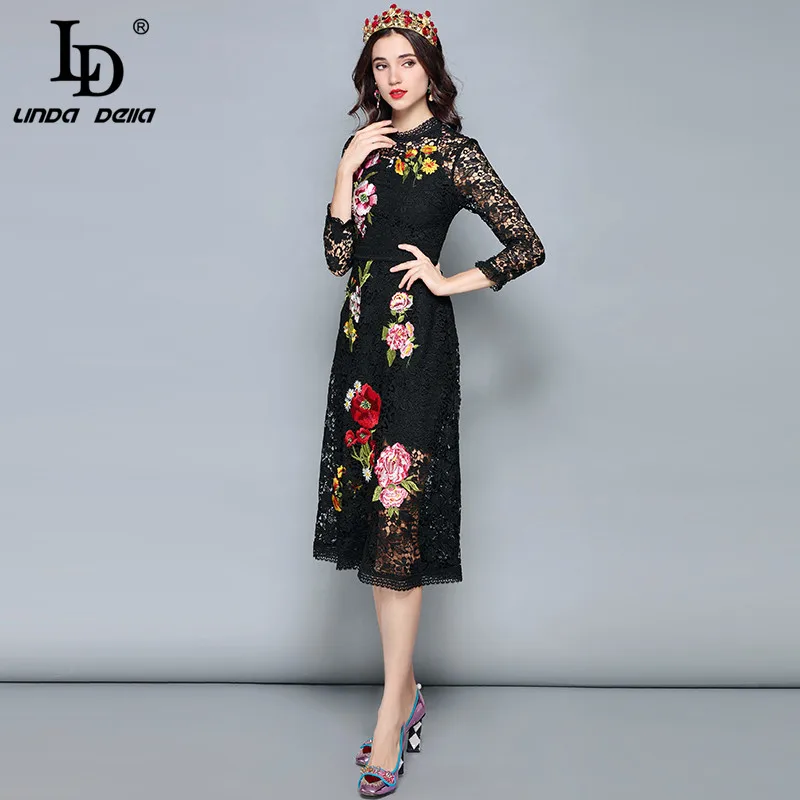 Женское винтажное платье LD LINDA DELLA черное с рукавом 3/4 и кружевной цветочной