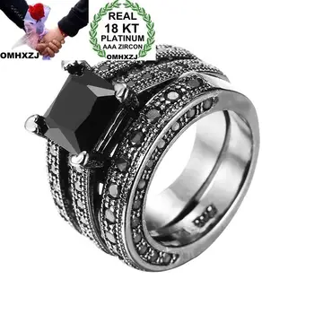 

OMHXZJ Wholesale European Fashion Man Party Wedding Gift Luxury Square Black Blue Zircon 18KT Black Gold Ring Set RR819