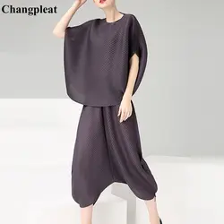 Changpleat 2019 летние новые свободные женские комплекты Miyak плиссированные модные дизайнерские футболки с круглым вырезом брюки большого