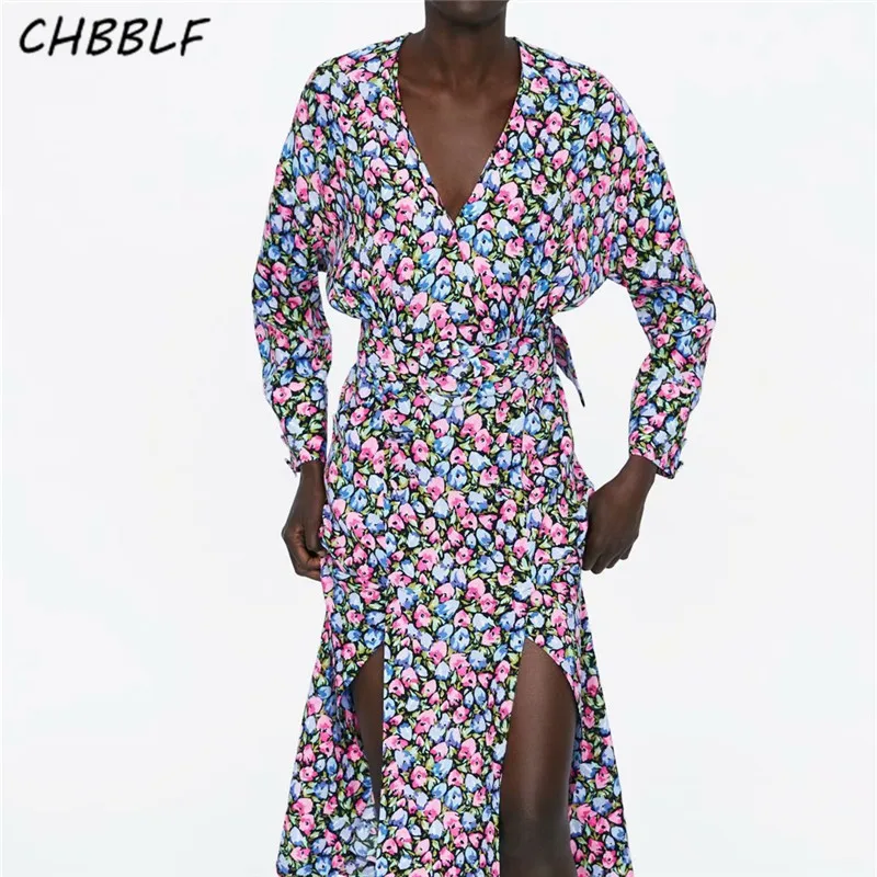 

CHBBLF women floral print split dress V neck sashes design long sleeve female ankle length dresses vestido XSZ2047