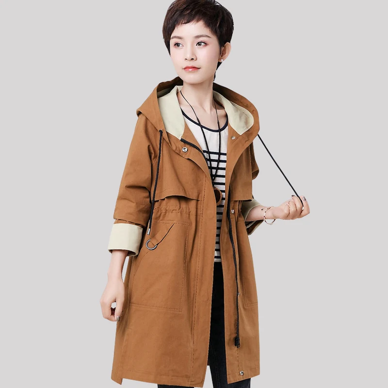 Женская ветровка с капюшоном повседневное Свободное пальто средней длины