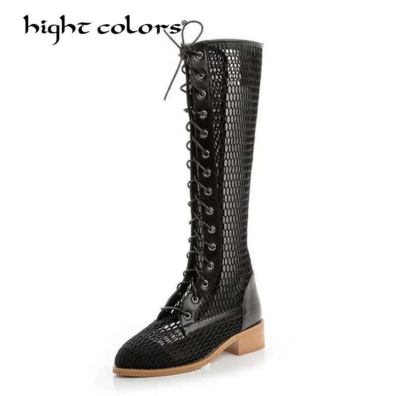 

2019 brand design fishnet patchwork spring summer boots shoes front cross tied hollow out square heel runway boot women 1701