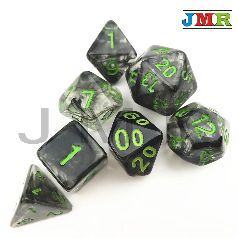Nebulosa efecto 7 unids/set Juegos De Mesa Dados negro con verde número De Dados De D4 D6 D8 D10 D10 % d20 para mazmorras y dragones Rpg