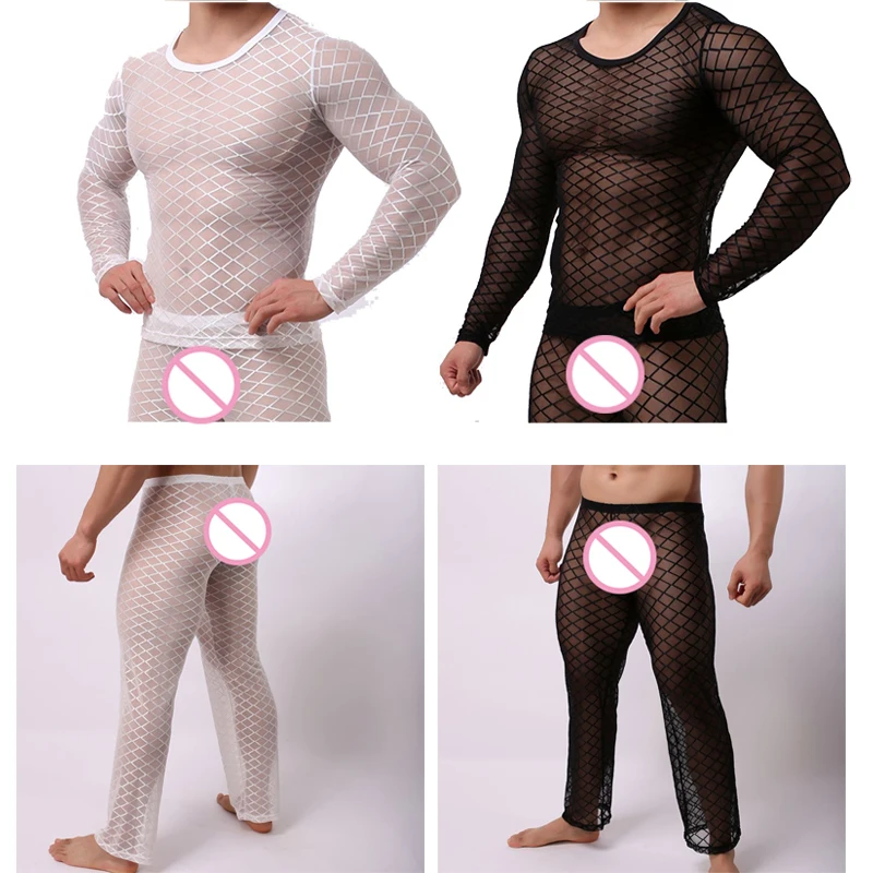 Пижама из сеточки, комплект для мужчин, одежда для сна с длинными рукавами, экзотическая Сетчатая футболка в сеточку, тонкая верхняя нижняя рубашка для сна, штаны, брюки
