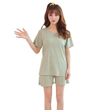 Летний модальный женский пижамный комплект с принтом, короткий рукав, съемный бюстгальтер, подкладка, Женское ночное белье, короткий топ+ короткие штаны