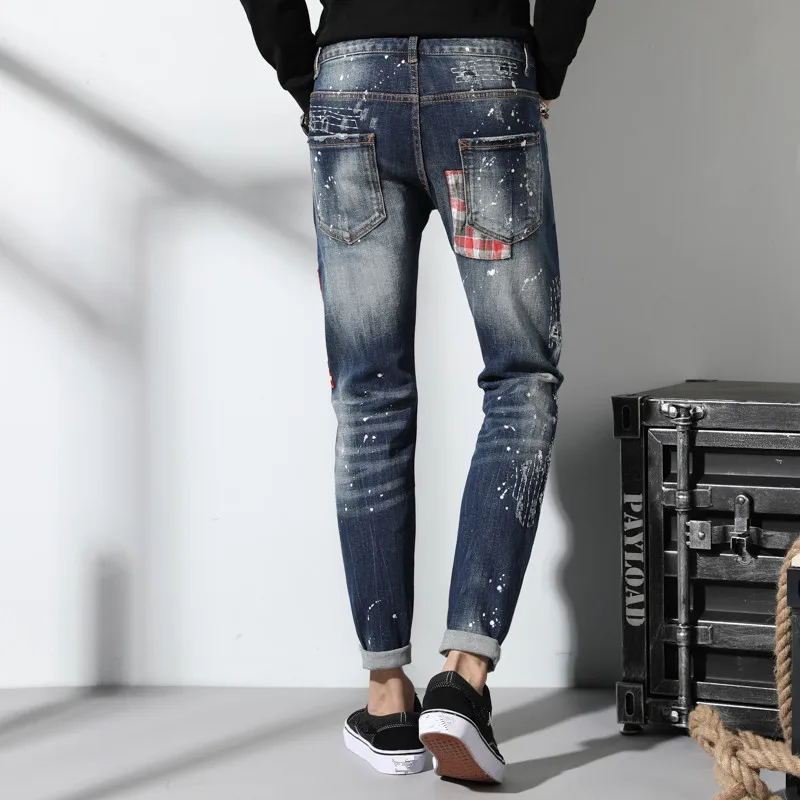 Italy Designed Man Painted Dot slim Jeans Men Emdroidery Patchwork Denim Pants Male Street Wear Quatliy Amazing Trousers
