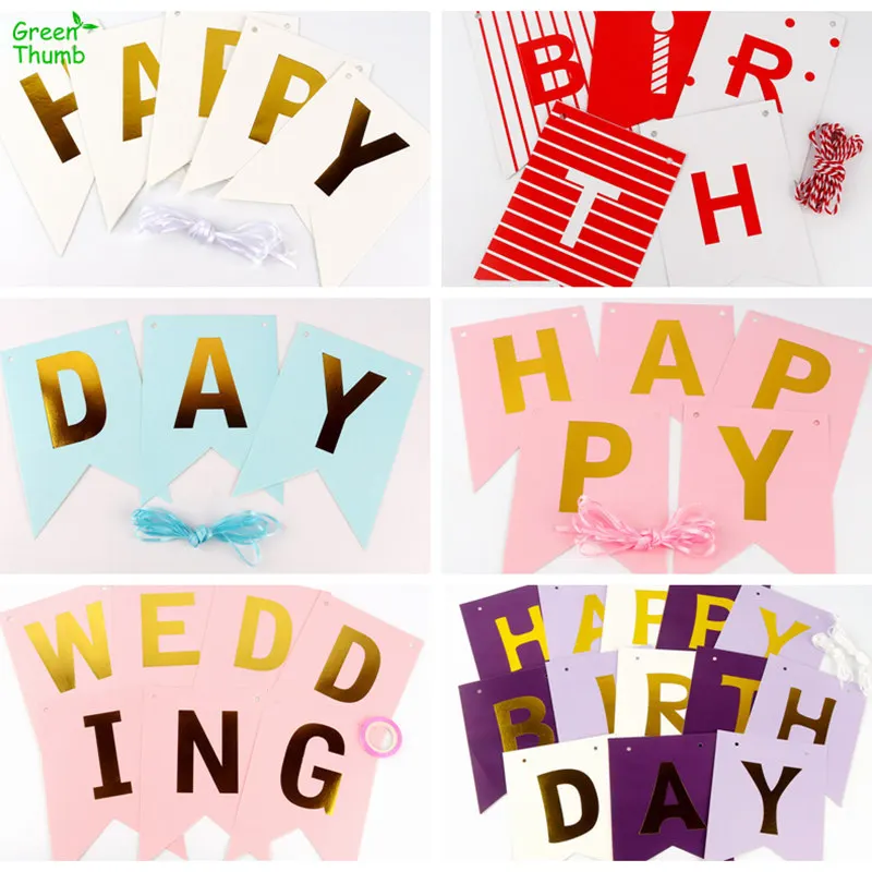 

1pc Happy Birthday Wedding Hot Stamping Swallowtail Flag Banner White Black Pink Red Purple Blue For Party Decoration Birthday