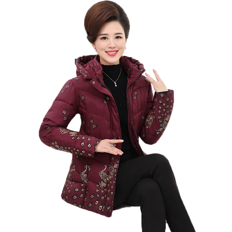 

Winter Woman Hooded Puffer Quilted Coat  Red Green Peacock Print Jackets Middle Aged Women Hood Puff Parka Padded Overcoats 2016