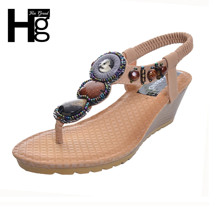 

HEE GRAND 2017 Bohemia Wedge Women Sandals Summer Vintage Rhinestone Woman Flip Flops Beach Women Shoes Chaussure XWZ415
