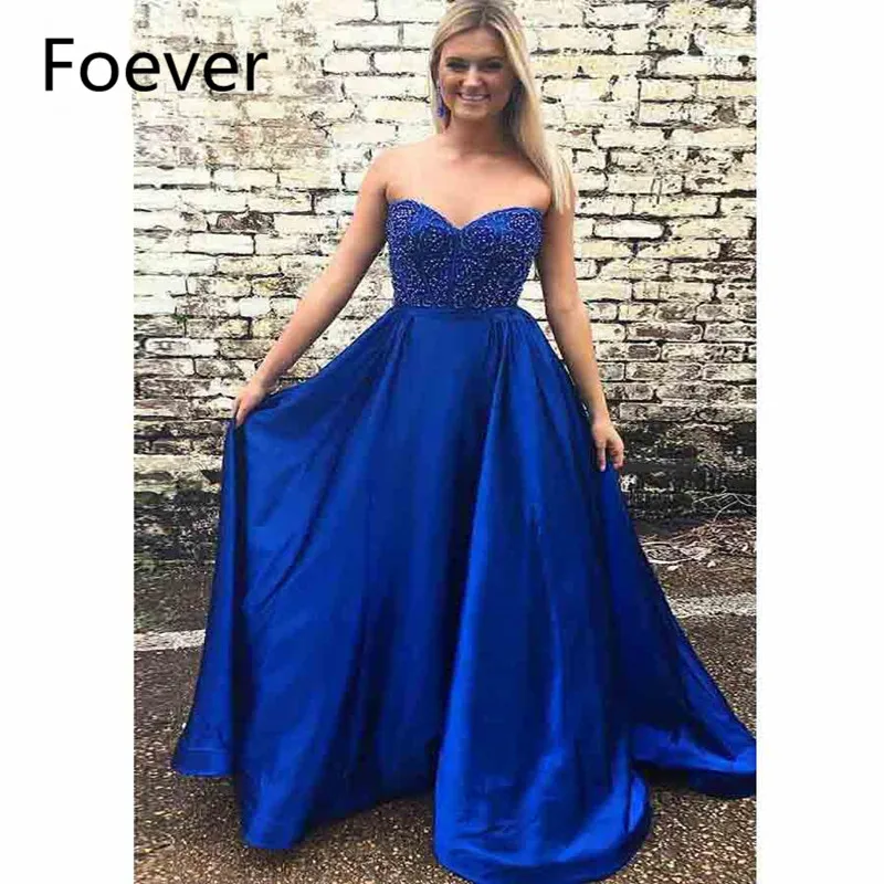 2019 Royer Blue Evening Dresses Long with Pockets Beaded Sweetheart Satin A-Line Formal Party Dress for Women | Свадьбы и торжества