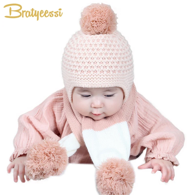 

New Knitted Winter Baby Hat Scarf Set Kids Infant Girl Boy Hat and Scarf Baby Bonnet Cap 4 Colors
