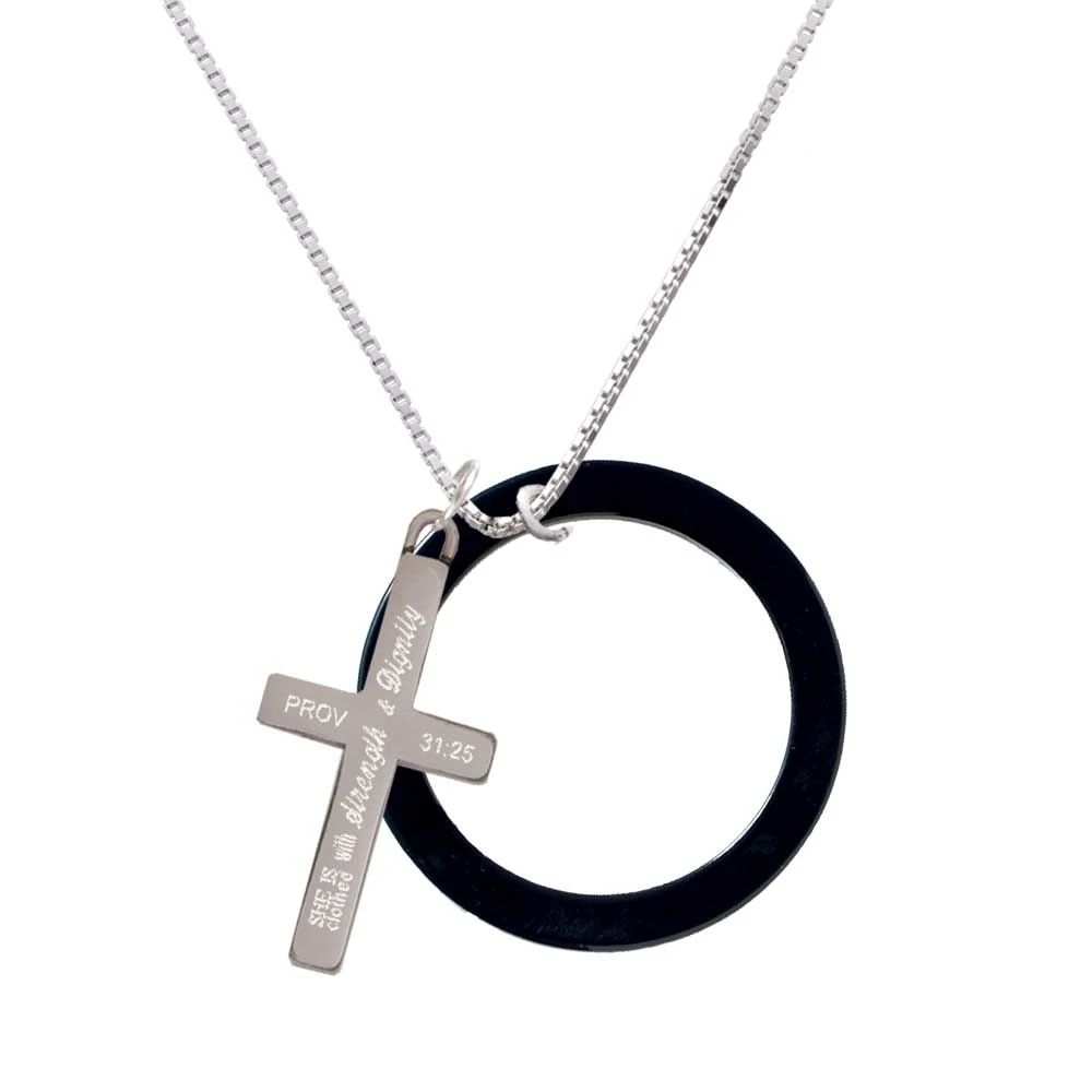 Acrylic 1 1/2 Ring Black - Strength and Dignity - Cross Necklace