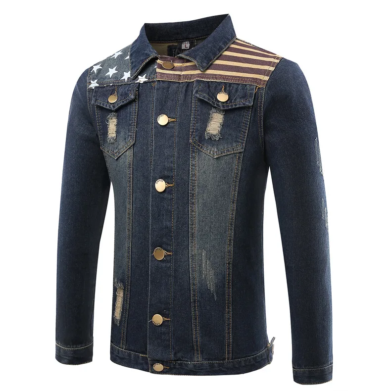2017 New Fashion Design USA Flag Patchwork Denim Jacket Men Autumn