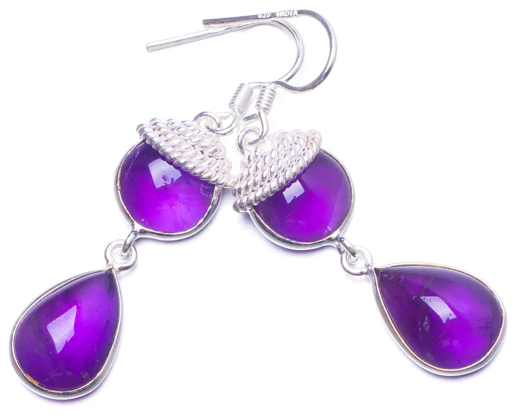 

Natural Amethyst Handmade Unique 925 Sterling Silver Earrings 1.75" Y1012