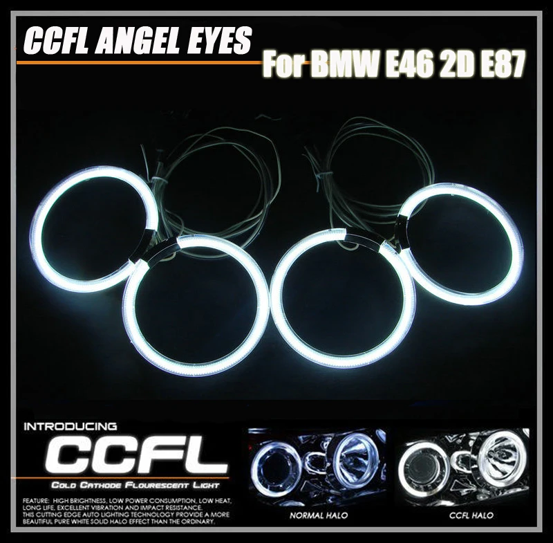 

Super Bright 12v CCFL Angel Eyes Headlight Halo Ring Kit for BMW E46 2D E87 with 4PCS CCFL Angel Halo Rings and 2PCS Inverters