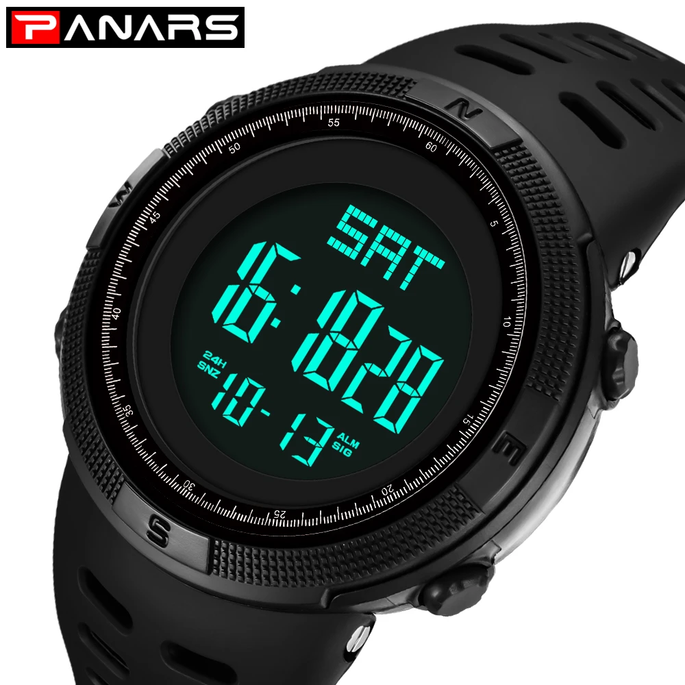 

PANARS Mens Digital Watch Countdown Timer Chrono Wristwatch for Swimming Waterproof Alarm Clock 12/24 Hours Man Watches 8001