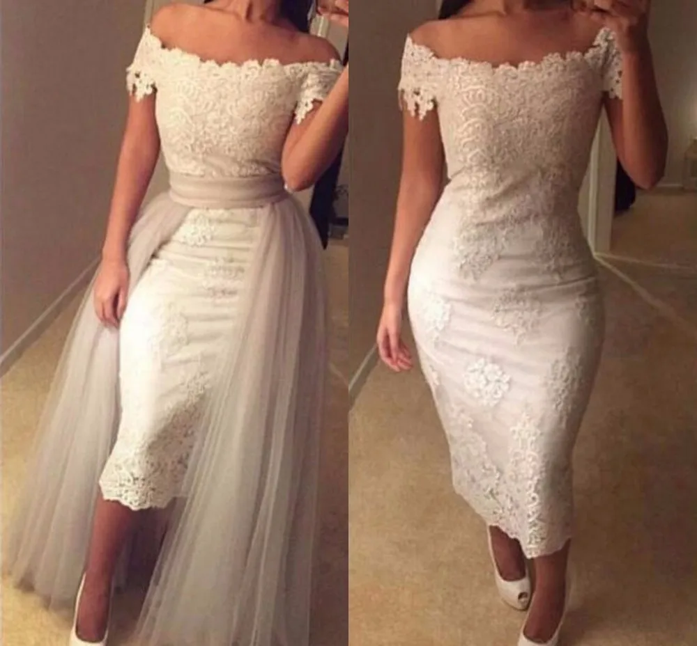 

Off-shoulder Lace Tea-Length Wedding Dresses Appliques Sheath Detachable Train Bridal Dresses Ruffles Vintage Wedding Gowns