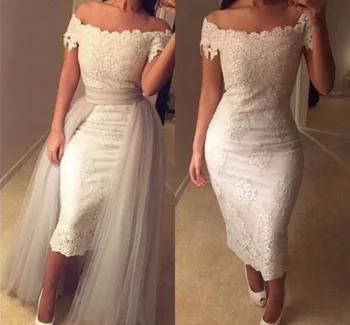 

Off-shoulder Lace Tea-Length Wedding Dresses Appliques Sheath Detachable Train Bridal Dresses Ruffles Vintage Wedding Gowns