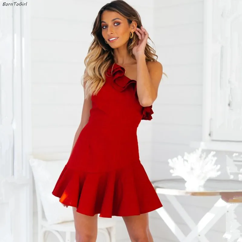 

BornToGirl Women White Red Sexy Sleeveless Slash Neck Ruffles Dress