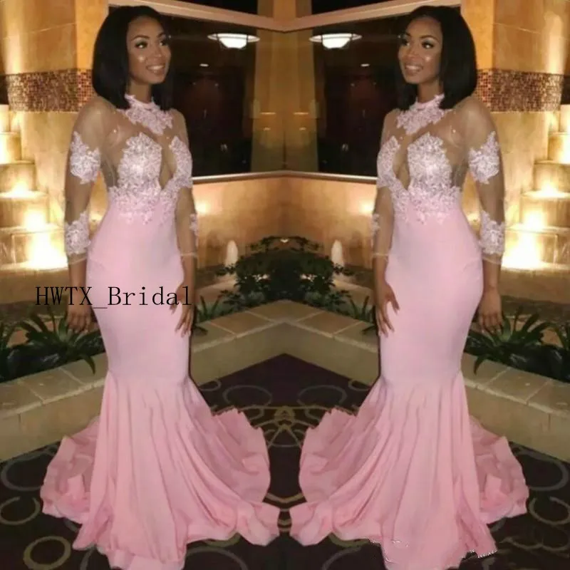 

Pink Mermaid Prom Dresses Long Sleeve Sheer Illusion Lace Top Long Formal Party Gown African Arabic Girl Prom Dress 2019 Cheap