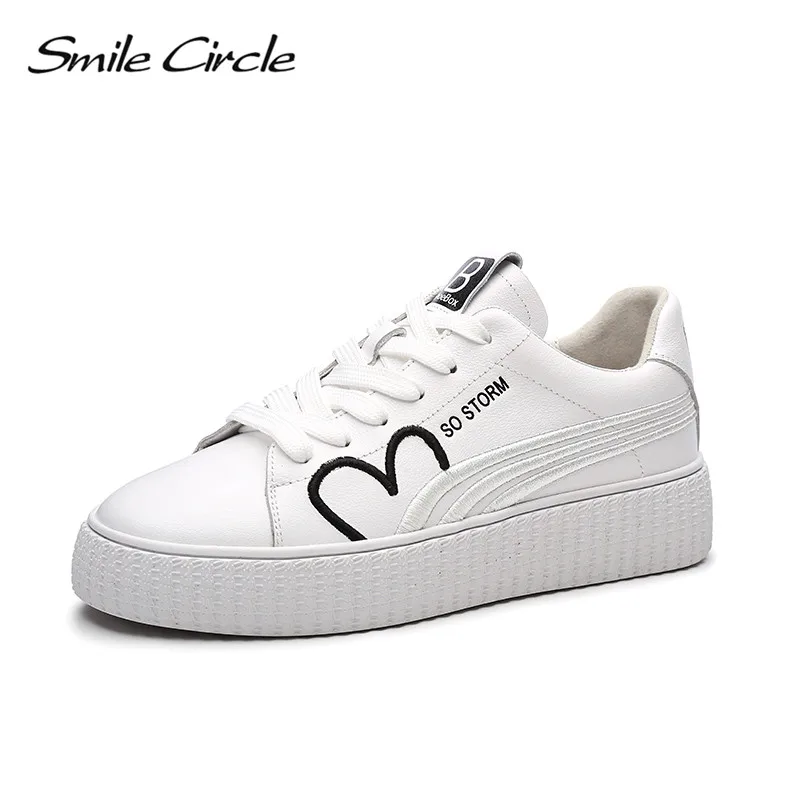 

Smile Circle 2018 Spring Genuine Leather Sneakers Women Fashion Embroidery Lace-up Flat Platform Shoes Girl White Casual Shoes