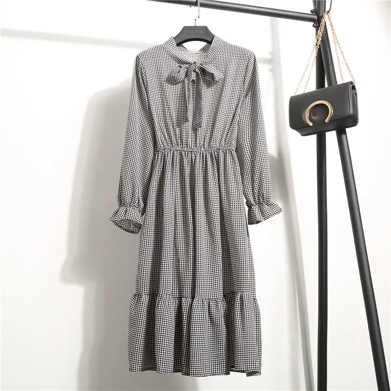 Осеннее шифоновое платье-рубашка с длинным рукавом в горошек, клетчатое офисное винтажное платье, женское летнее Повседневное платье миди с цветочным рисунком Vestido - Цвет: 005
