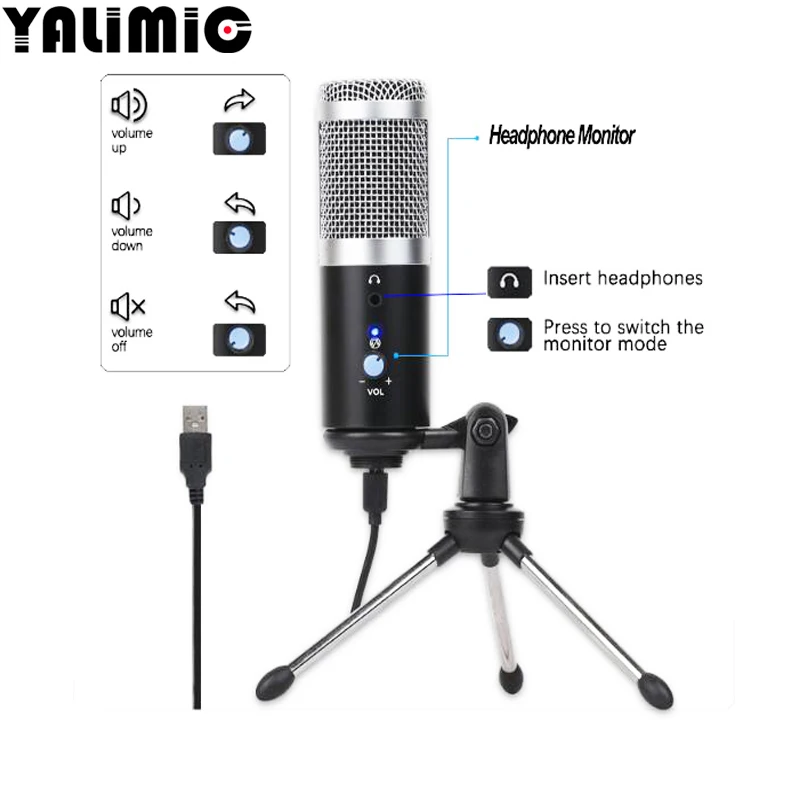 Professional Microphone Condenser for Computer PC USB Plug+Tripod Stand YouTube Broadcasting Recording Microfone Karaoke Mic