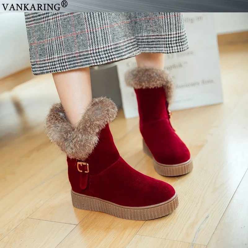 Vankering/осенне-зимние ботинки; женская обувь без шнуровки с натуральным кроличьим мехом; Модные женские ботильоны на платформе; теплые плюшевые ботинки черного цвета