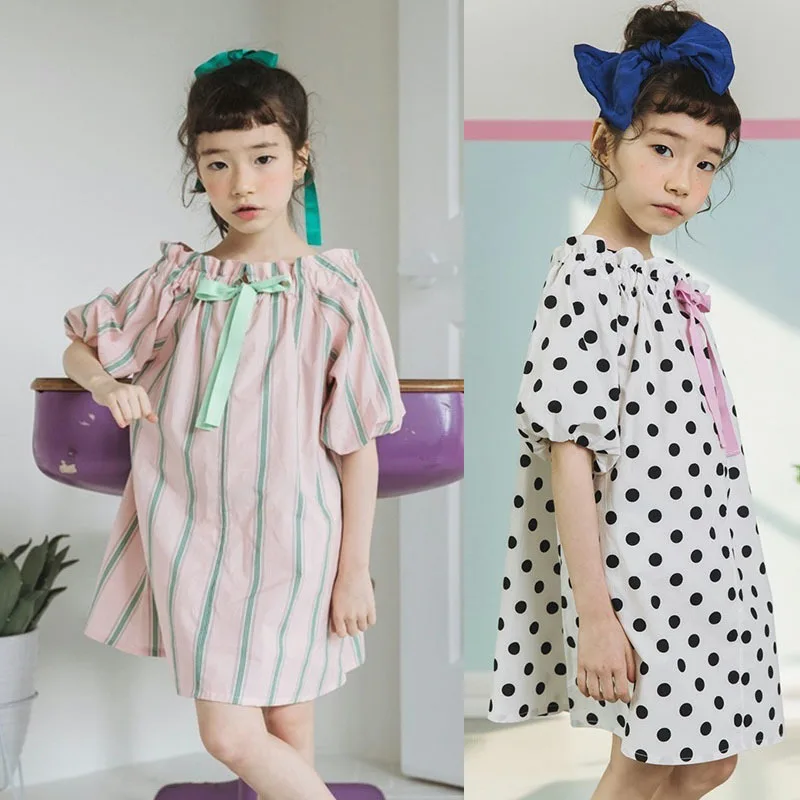 Полосатые платья в горошек для девочек, коллекция 2018 года, весенняя одежда для подростков с рукавами-фонариками, розовое и белое летнее