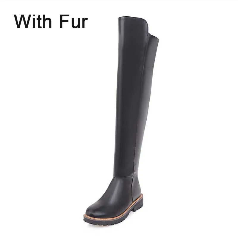 TAOFFEN Women Over The Knee Boots Hot Sale Daily Fashion White Boots Zipper Flats Shoes Woman Female Footwear Size 34-43 - Цвет: black