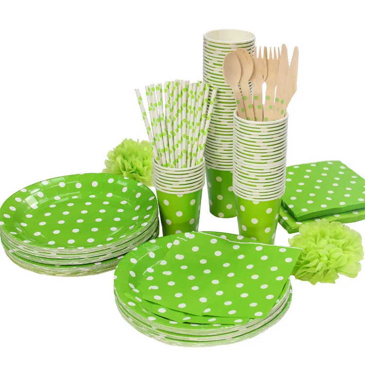 Promotion Green & White Polka Dots Tableware Party paper plate cups