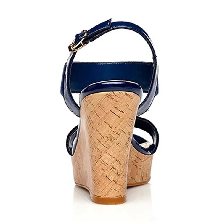 Big Size 30-43 Summer Women Pu Leather Sandals Ladies NAVY BEIGE Buckle Strap Fashion Thick Wedges Casual Platforms Shoes Woman (2)