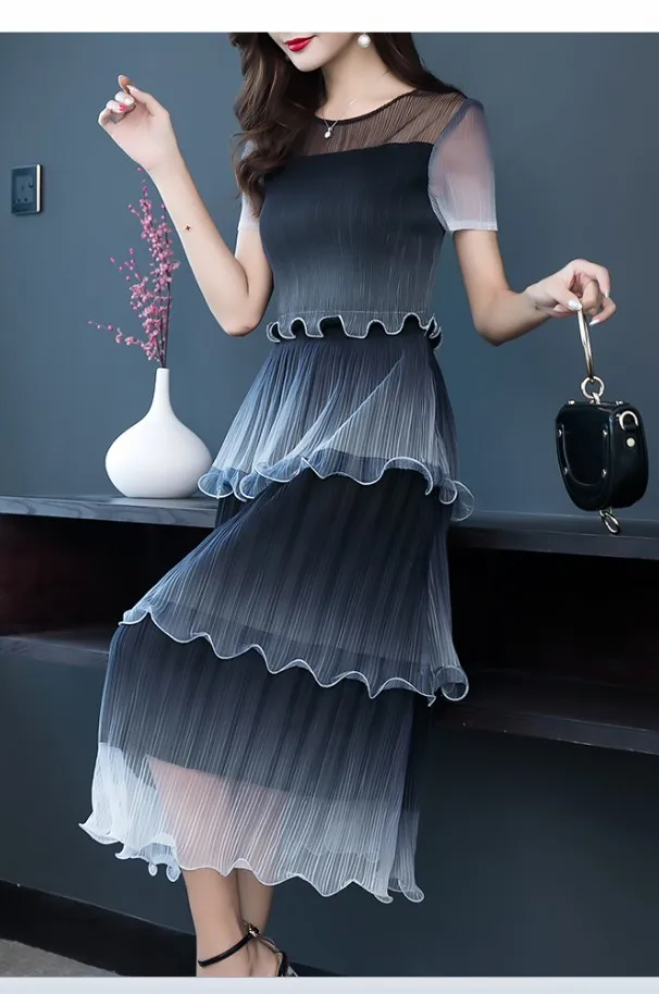 Черный Горячая Miyake fold платье с коротким рукавом кружева сетки сшивание o-образным вырезом бальное платье доступно - Цвет: Черный