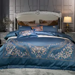 Роскошный синий изысканный королевская вышивка 100% из египетского хлопка Постельное белье пододеяльник постельное белье лист наволочки 4