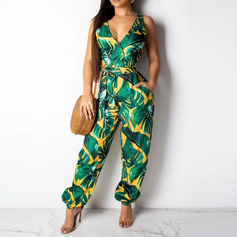 

Summer Office Ladies African Black Girls Plus Size Women Jumpsuits Green Loose Thin Plant Lace Up Print Boho Travel Beach Romper