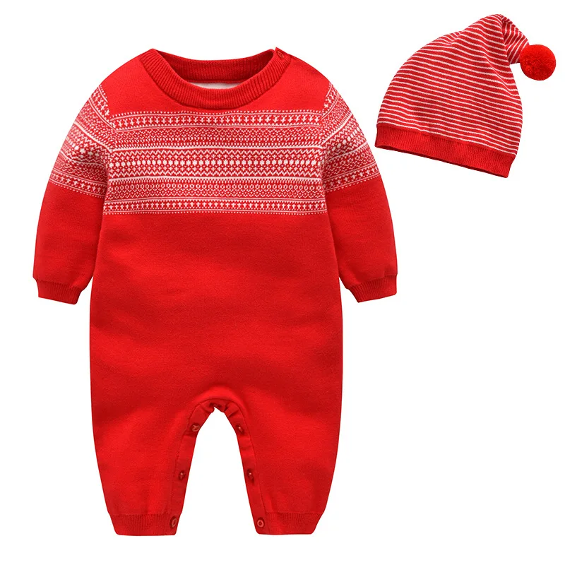 Ircomll 2Pc Autumn Winter Clothes Christmas Baby Infant Toddler Geometric Print Knitted Clothing Ses Jumpsuit+hat Newborn Outfit