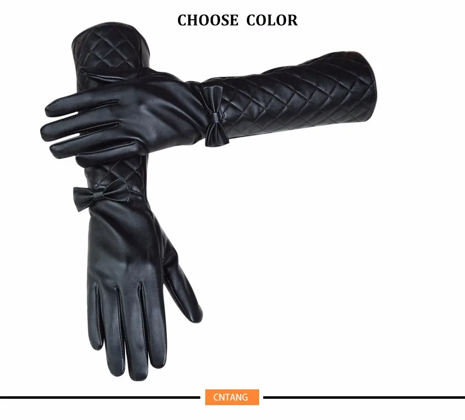 CNTANG женские длинные кожаные перчатки Новые зимние модные черные кожаные перчатки с бантом теплые милые длинные женские перчатки