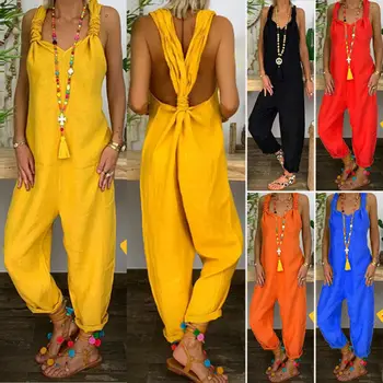 

2019 Women Casual Solid Strappy Dungarees Vintage Cotton Linen Loose Rompers Party Women Casual Long Harem Overalls Jumpsuits