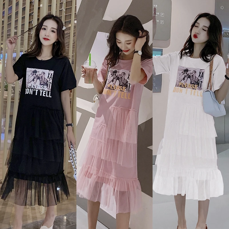 

Women T-shirt Dress Summer Pattern Letter Print Patchwork Mesh Ruffles Casual Short Sleeve Summer Girls Dress