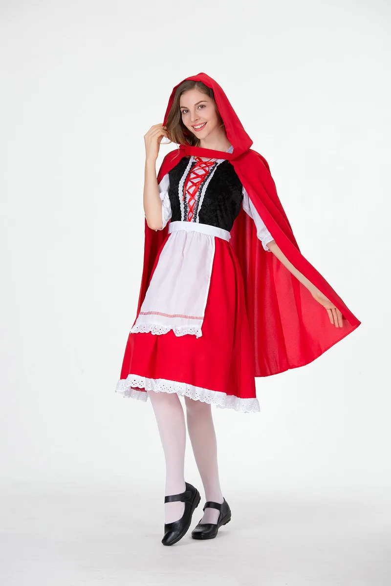 Красный костюм для верховой езды с капюшоном для женщин, нарядный костюм для взрослых, косплей на Хэллоуин фантазийный, для карнавала, сказка, плюс размер, платье для девочки+ плащ