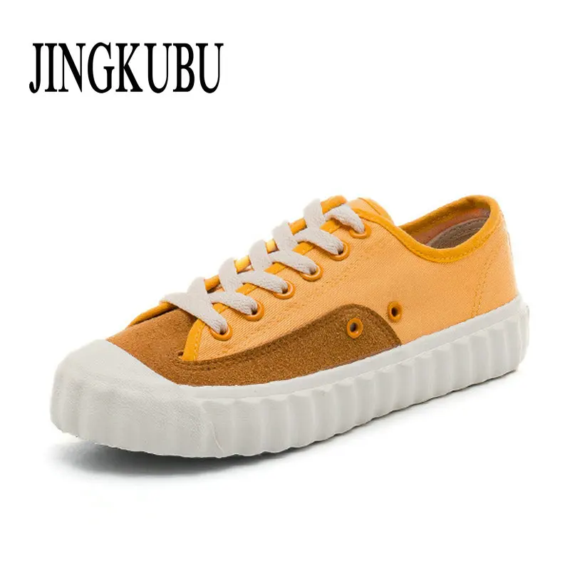 

JINGKUBU 2018 Fashion Low Top Sneakers Canvas Shoes Women Casual Shoes White Flat Female Basket Lace Up Solid Trainers Chaussure