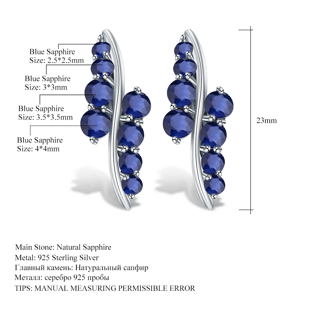Женские серьги-гвоздики из 925 пробы серебра 3.0Ct с натуральным синим сапфиром