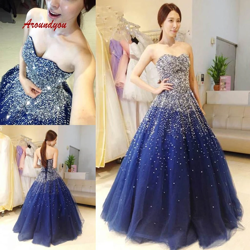 navy blue glitter prom dress