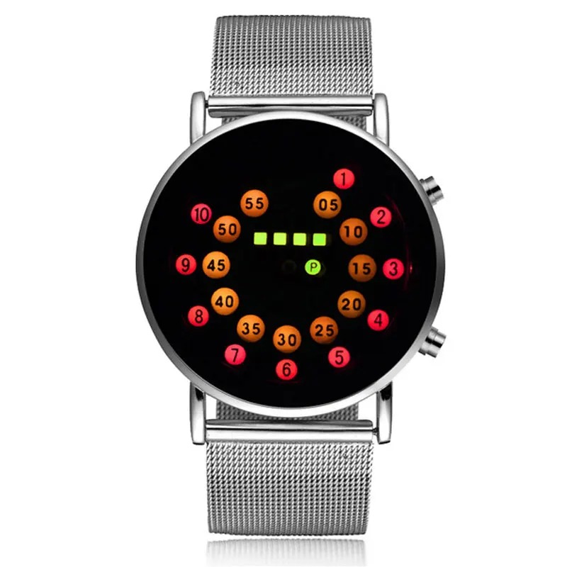 

New Fashion LED Light Spots Dial Men's Watch Creative Dot Digital Clock Male Luxury Silver Metal Iron Net Web Mesh Unique Gifts