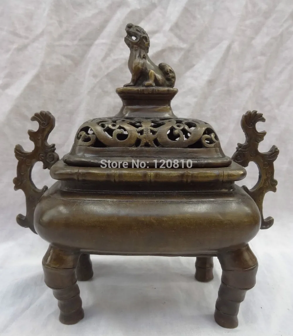 

9" Chinese Bronze Dragon Phoenix Unicorn Statue Bamboo Incense Burner Censer
