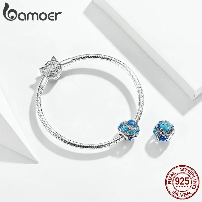 Bamoer, синие эмалированные круглые бусины в виде цветка, Стерлинговое серебро 925, подвески для женщин, Европейский роскошный бренд, браслеты в виде змеи BSC087