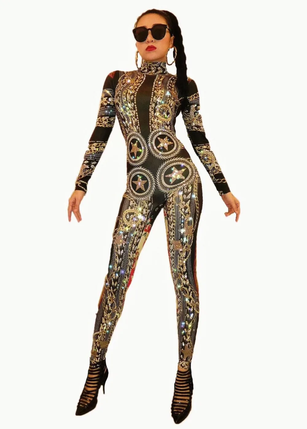 

Gold Printed Stretch Rhinestones Jumpsuit Women's Sexy Bodysuit Costume Stage Outfit Singer dance DJ Dancer Performance Rompers